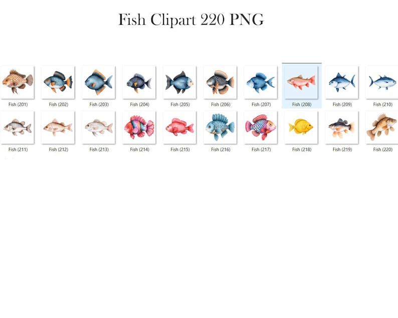 May include: A set of 20 colorful fish illustrations, perfect for digital scrapbooking, card making, or other creative projects. The fish are drawn in a watercolor style and feature a variety of colors, patterns, and shapes.
