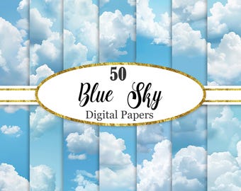 Blauwe lucht digitaal papier, hemelachtergrond, blauwe textuur, wolk, plakboekpapier, digitale download