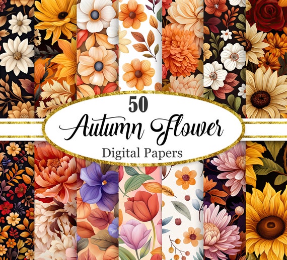 Autumn Flower Digital Paper, Fall Flower Background Bundle, Scrapbook Papers, Junk Journal, Digital Download