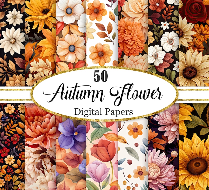 May include: A set of 50 digital papers featuring autumn flower designs. The papers feature a variety of flowers in shades of red, orange, yellow, purple, and pink. The papers are perfect for scrapbooking, card making, and other craft projects.