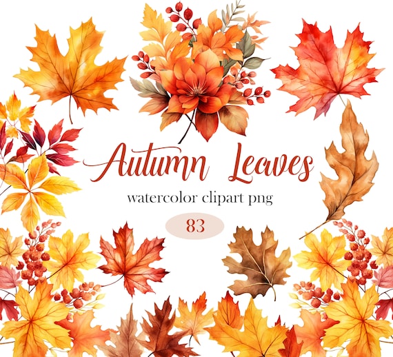 Autumn Leaves Clipart, Watercolor Fall Leaf Clipart Bundle, Fall Leaves PNG, Autumn Leaf Bouquet, Fall Wreath, Digital Download