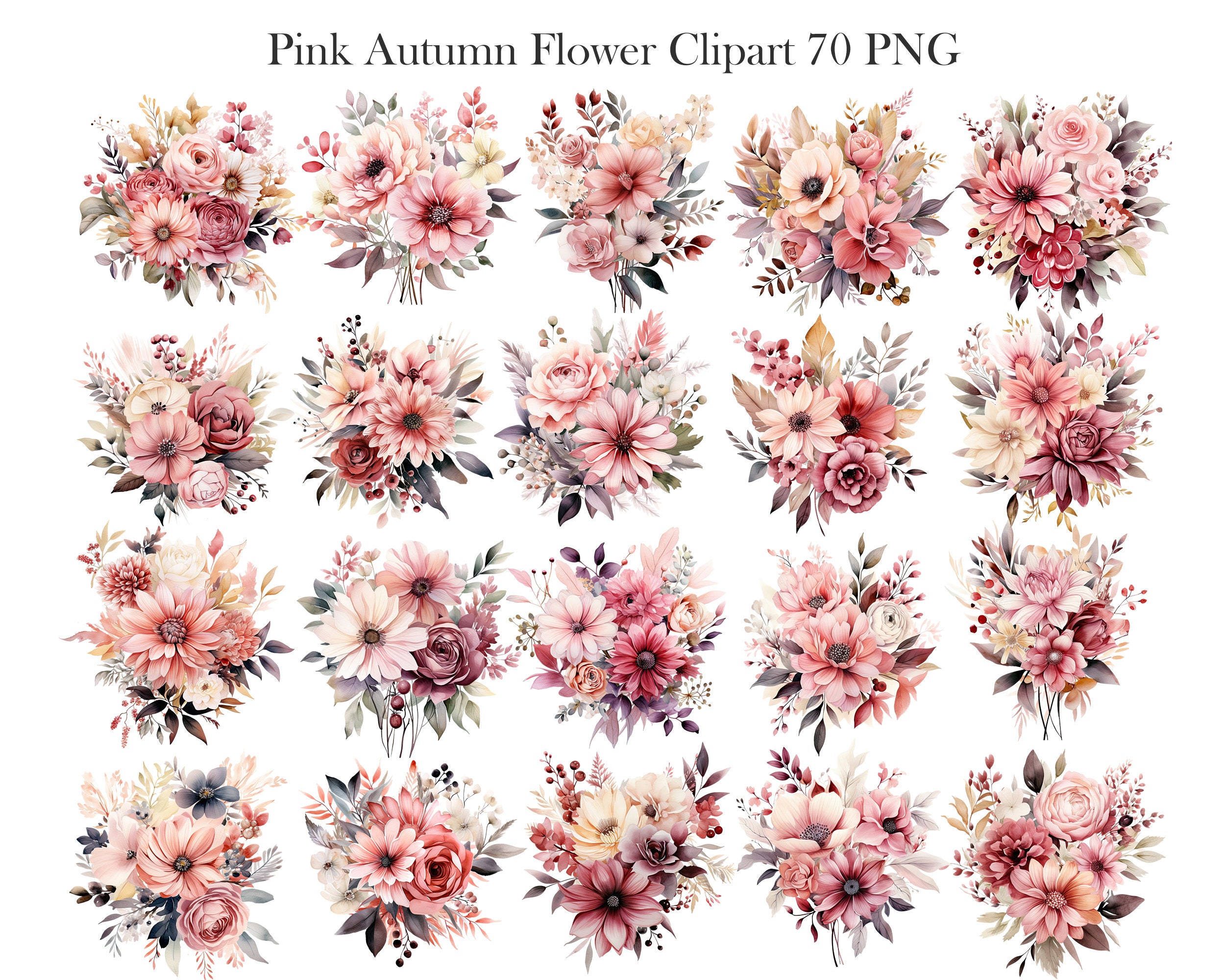 Pink Autumn Flower PNG, Watercolor Fall Flower Clipart Bundle, Wreath ...