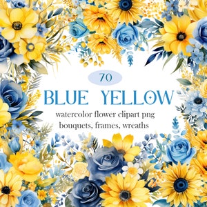 Blauwgele bloem png, bundel aquarel bloemen clipart, bruidsboeket, lentebloem