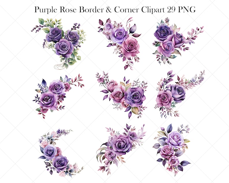 May include: Nine watercolor illustrations of purple rose bouquets in various arrangements, perfect for adding a touch of elegance to your designs. These floral corner and border clipart images are ideal for creating invitations, cards, and other projects.