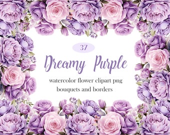 Purple Flower PNG, Watercolor Purple Floral Clipart, Wedding Bouquet, Wreath, Flower Sublimation, Spring Flower Clipart
