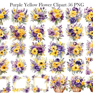 Op de afbeelding: Een set van 36 digitale clipart-afbeeldingen met aquarel-illustraties van paarse en gele bloemen in verschillende arrangementen, waaronder boeketten, kransen en manden. De afbeeldingen zijn perfect voor knutselen, scrapbooking en digitale ontwerp projecten.