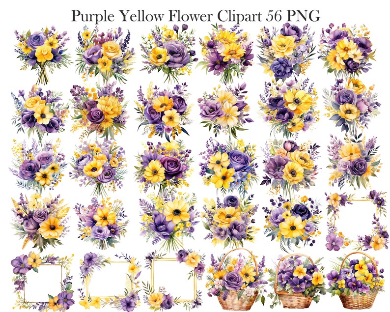 Op de afbeelding: Een set van 36 digitale clipart-afbeeldingen met aquarel-illustraties van paarse en gele bloemen in verschillende arrangementen, waaronder boeketten, kransen en manden. De afbeeldingen zijn perfect voor knutselen, scrapbooking en digitale ontwerp projecten.