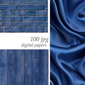 May include: A digital paper pack with 100 JPG images featuring blue brick, wood, and satin textures. The pack is perfect for creating digital designs, backgrounds, and scrapbooking projects.