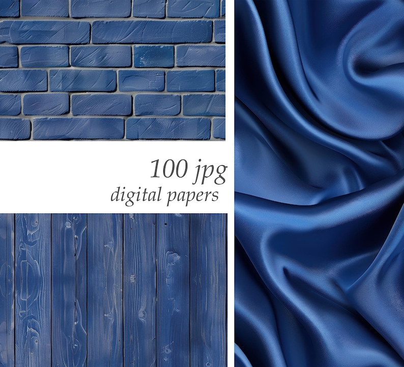 May include: A digital paper pack with 100 JPG images featuring blue brick, wood, and satin textures. The pack is perfect for creating digital designs, backgrounds, and scrapbooking projects.