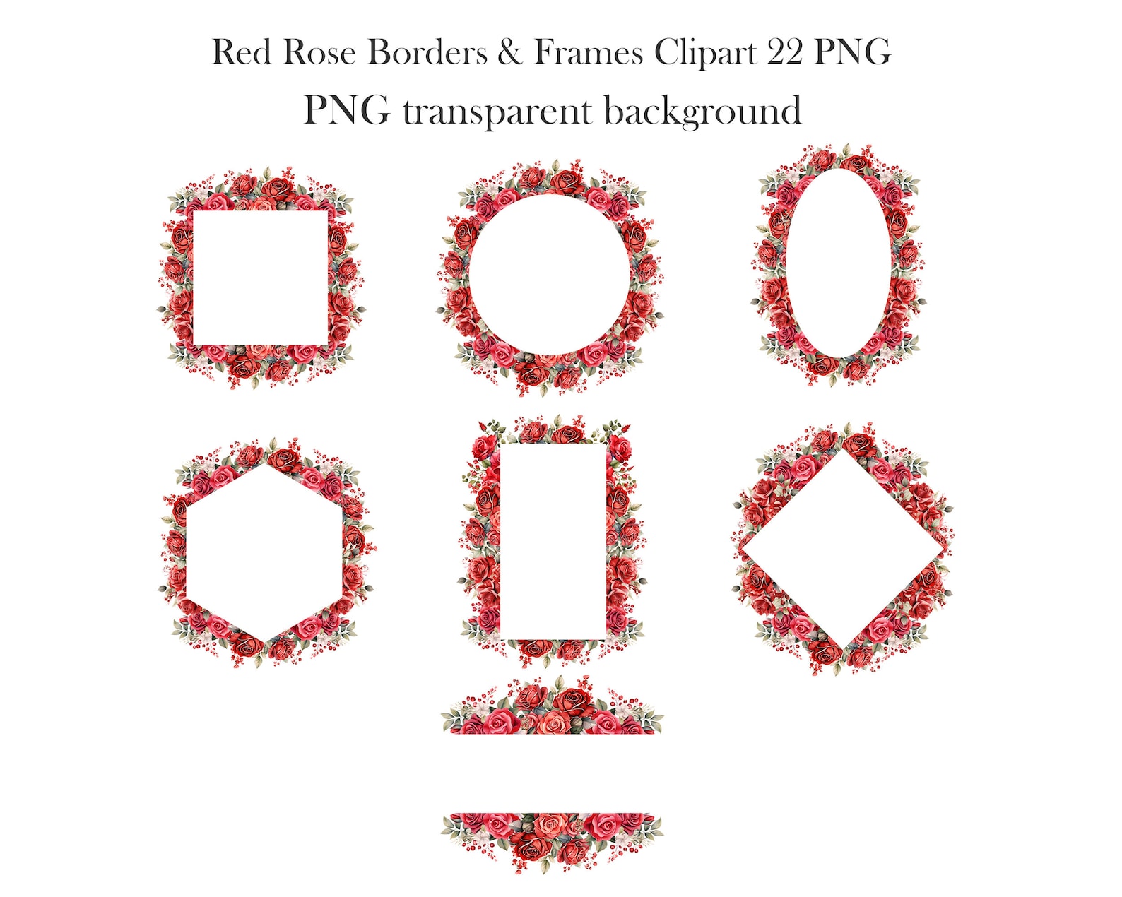 Red Rose Border Clipart, Watercolor Rose Border PNG Bundle, Flower ...