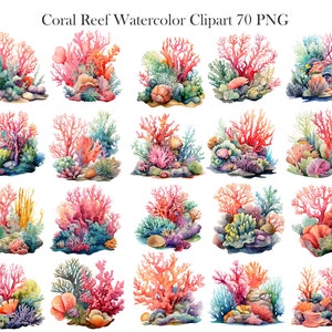 K&ouml;nnte beinhalten: Aquarell-Illustrationen von Korallenriffen mit verschiedenen Farben und Texturen. Die Korallenriffe sind in einem realistischen Stil dargestellt, mit filigranen Details und leuchtenden Farben. Die Illustrationen sind perfekt, um jedem Projekt einen Hauch von Meeresleben zu verleihen.
