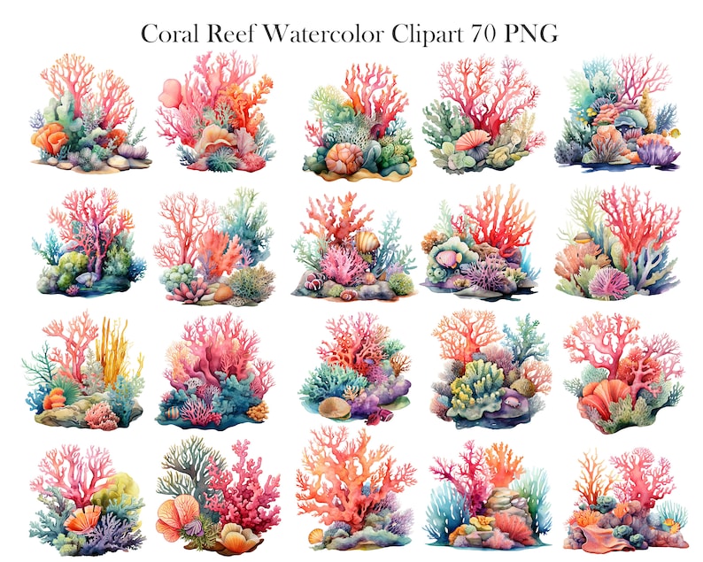 K&ouml;nnte beinhalten: Aquarell-Illustrationen von Korallenriffen mit verschiedenen Farben und Texturen. Die Korallenriffe sind in einem realistischen Stil dargestellt, mit filigranen Details und leuchtenden Farben. Die Illustrationen sind perfekt, um jedem Projekt einen Hauch von Meeresleben zu verleihen.