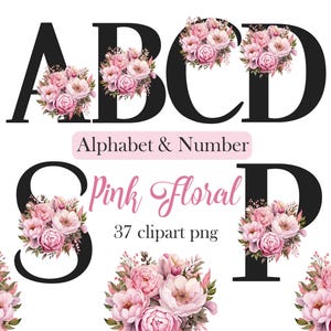 Roze bloemen alfabet clipart, bloem alfabet png, letters clipart, nummer, sublimatie, digitale download