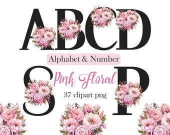 ピンクの花のアルファベットのクリップアート、花のアルファベットのPNG、文字のクリップアート、数字、昇華、デジタルダウンロード