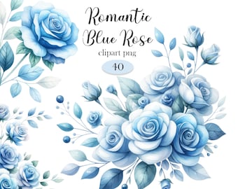 Blue Rose PNG, clipart romantische blauwe roos, bruidsboeket, aquarel blauwe bloem, krans, lentebloemen, digitale download