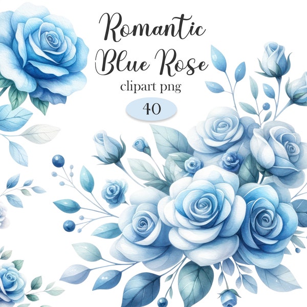 Blue Rose PNG, Romantic Blue Rose Clipart, Wedding Bouquet, Watercolor Blue Flower, Wreath, Spring Floral, Digital Download