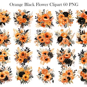 May include: Set of 24 digital clipart images featuring orange and black flower bouquets. The bouquets are made up of various flowers, including roses, anemones, and daisies. The flowers are arranged in a loose, natural style. The bouquets are perfect for adding a touch of autumnal charm to your designs.