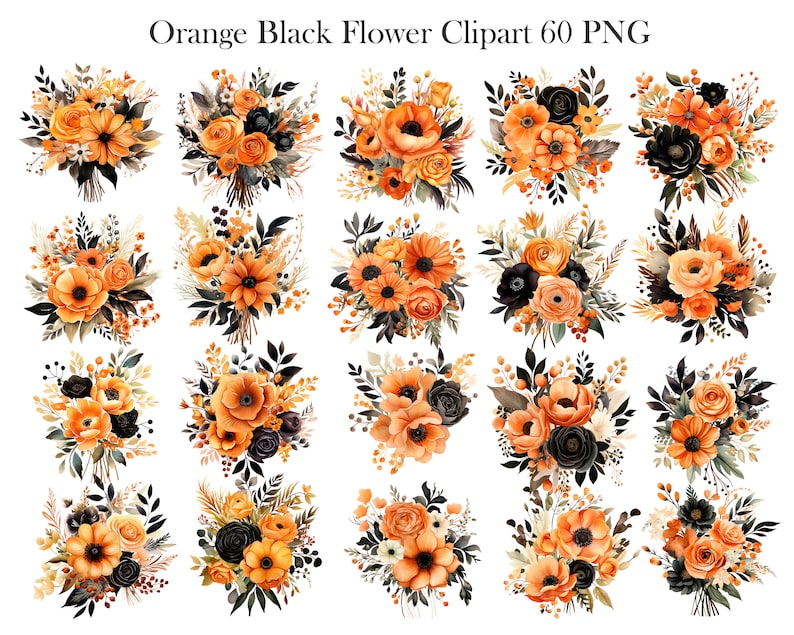 May include: Set of 24 digital clipart images featuring orange and black flower bouquets. The bouquets are made up of various flowers, including roses, anemones, and daisies. The flowers are arranged in a loose, natural style. The bouquets are perfect for adding a touch of autumnal charm to your designs.