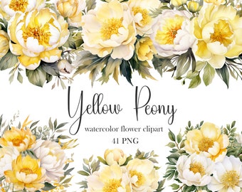 Yellow Flower PNG, Peony Clipart, Watercolor Yellow Floral Clipart Bundle, Wedding Flower,  Bouquet, Wreath, Spring Floral, Digital Download