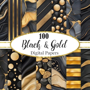 Zwart en goud digitaal papier, zwarte achtergrondbundel, gouden textuur, plakboekpapier, digitale download