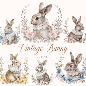 Bunny Clipart, Watercolor Bunnies Clipart Bundle, Vintage Rabbit PNG, Bunnies Sublimation, Bunny Flower, Easter, Spring, Digital Download