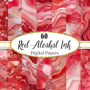 May include: A selection of 60 red alcohol ink digital papers. The papers display a range of red hues, with swirling designs and gold highlights. The image includes a gold border with the text "60 Red Alcohol Ink Digital Papers".