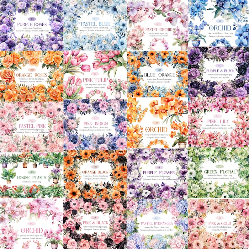 Blomma Clipart Bundle, Akvarell Blommig Clipart, Blomma PNG Bundle, Sublimering, Blombukett, Krans, Digital Nedladdning bild 4
