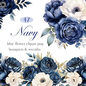 ネイビーブルーの花のクリップアート、水彩ブルーの花の PNG、ウェディングフラワー、冬の花、ブーケ、花輪、ボーダー、デジタルダウンロード