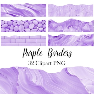 Puede incluir: Un conjunto de 32 bordes digitales de clipart morado. Los bordes presentan diferentes texturas y patrones, incluyendo mármol, ladrillo y guijarros.