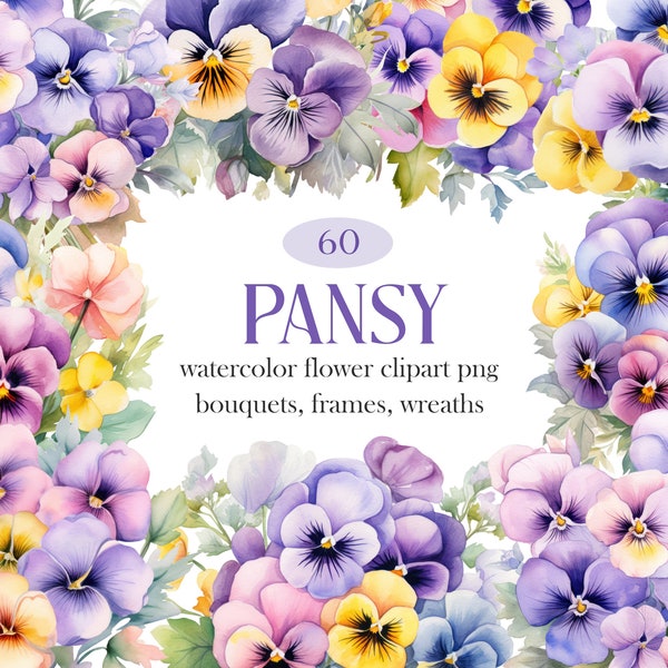 Pansy PNG, Watercolor Pansy Clipart Bundle, Pastel Pansy Flower Clipart, Digital Download