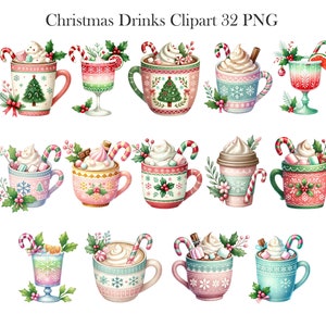 May include: Watercolor illustration of Christmas drinks, including hot chocolate and festive cocktails. The image features mugs and glasses decorated with candy canes, whipped cream, and holiday greenery. Text at the top reads "Christmas Drinks Clipart 32 PNG."