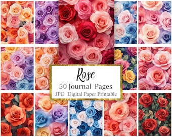 Rose Digital Paper, Flower Journal Pages, Spring Floral