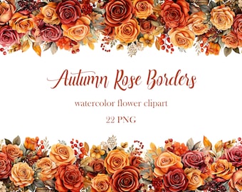 Herfstroos grens clipart, aquarel rozenrand png-bundel, bloemenlijst, herfstroos png, digitale download