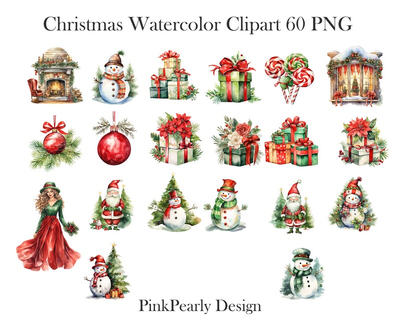 Puede incluir: Un conjunto de 60 im&aacute;genes de clipart de Navidad en acuarela. Las im&aacute;genes incluyen mu&ntilde;ecos de nieve, Pap&aacute; Noel, regalos, adornos, bastones de caramelo y una chimenea. Las im&aacute;genes son perfectas para crear tarjetas navide&ntilde;as, invitaciones y otros proyectos festivos.