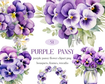 Purple Pansy PNG, Watercolor Pansy Clipart Bundle, Purple Flower Clipart, Floral Bouquet, Wreath, Spring Flower PNG, Digital Download