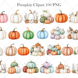 Op de afbeelding: Een verzameling van 100 aquarel-pompoenillustraties in verschillende kleuren, waaronder wit, oranje, groen, blauw en roze. De pompoenen zijn gerangschikt in groepen van 3-5, sommige met bladeren en stelen.