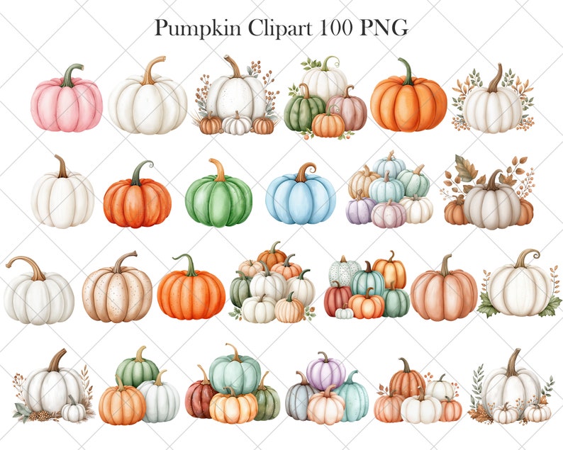 Op de afbeelding: Een verzameling van 100 aquarel-pompoenillustraties in verschillende kleuren, waaronder wit, oranje, groen, blauw en roze. De pompoenen zijn gerangschikt in groepen van 3-5, sommige met bladeren en stelen.