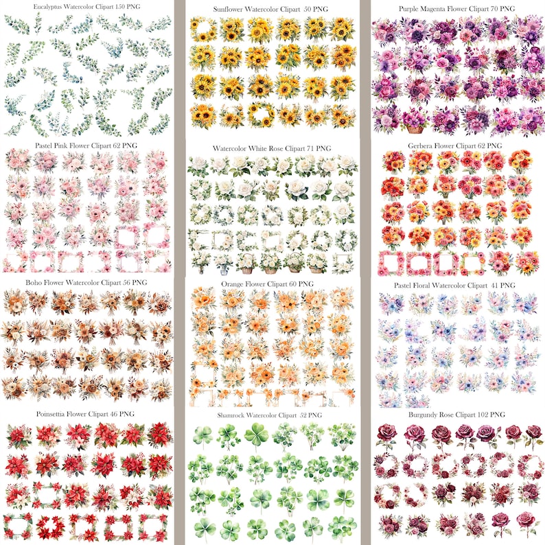 Blomma Clipart Bundle, Akvarell Blommig Clipart, Blomma PNG Bundle, Sublimering, Blombukett, Krans, Digital Nedladdning bild 9