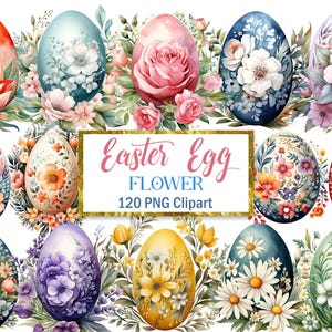 Pode incluir: Um conjunto de 120 imagens de clipart digitais de ovos de Páscoa decorados com flores de aquarela. Os ovos são de várias cores e apresentam diferentes desenhos florais, incluindo rosas, margaridas e outras flores da primavera. O clipart é perfeito para criar artesanato de Páscoa, convites e outros projetos festivos.
