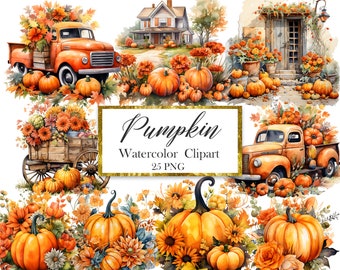 Pumpkin Clipart, Thanksgiving Watercolor Clipart png, Farmhouse Decor Pumpkin Truck,  Flower Fall Pumpkin Cart