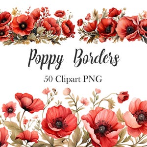 Puede incluir: Un conjunto de 50 imágenes de clipart digitales con bordes de flores de amapola roja. Las imágenes son perfectas para agregar un toque de belleza floral a tus diseños.