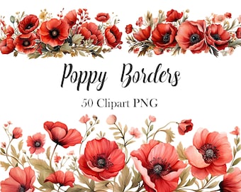 Poppy PNG, Watercolor Poppy Border Clipart, Flower Borders, Digital Download