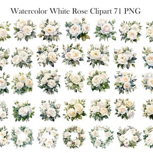 White Roses PNG Watercolor Clipart, Wedding Flowers Bouquet, Watercolor Floral Clipart Bouquets Wreath, Digital Download image 2