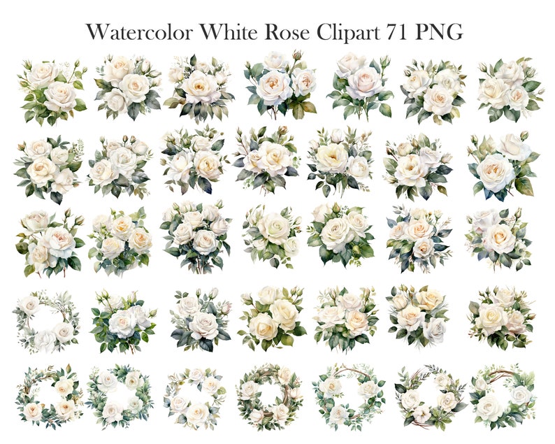 White Roses PNG Watercolor Clipart, Wedding Flowers Bouquet, Watercolor Floral Clipart Bouquets Wreath, Digital Download image 2