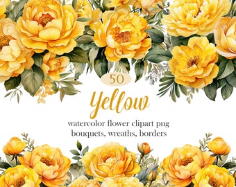 Yellow Flower PNG, Watercolor Yellow Floral Clipart Bundle, Flower Border, Bouquet, Wreath, Spring Floral, Sublimation, Digital Download
