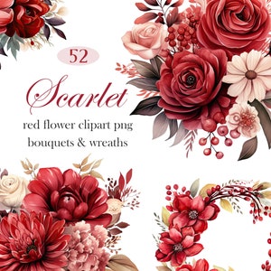 Rote Blume PNG, Aquarell Rote Blumen Clipart, Hochzeitsstrauß, Kranz, Blumensublimation, Frühlingsblumen, digitaler Download