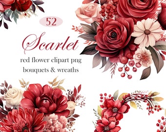 Flor Roja PNG, Clipart Floral Rojo Acuarela, Ramo de Boda, Corona, Sublimación de Flores, Floral de Primavera, Descarga Digital