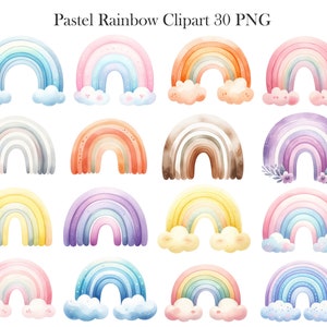 May include: A set of 30 pastel rainbow clipart images in PNG format. The rainbows are in various pastel colors, including pink, blue, yellow, green, and purple. Some rainbows have clouds, flowers, or stars.