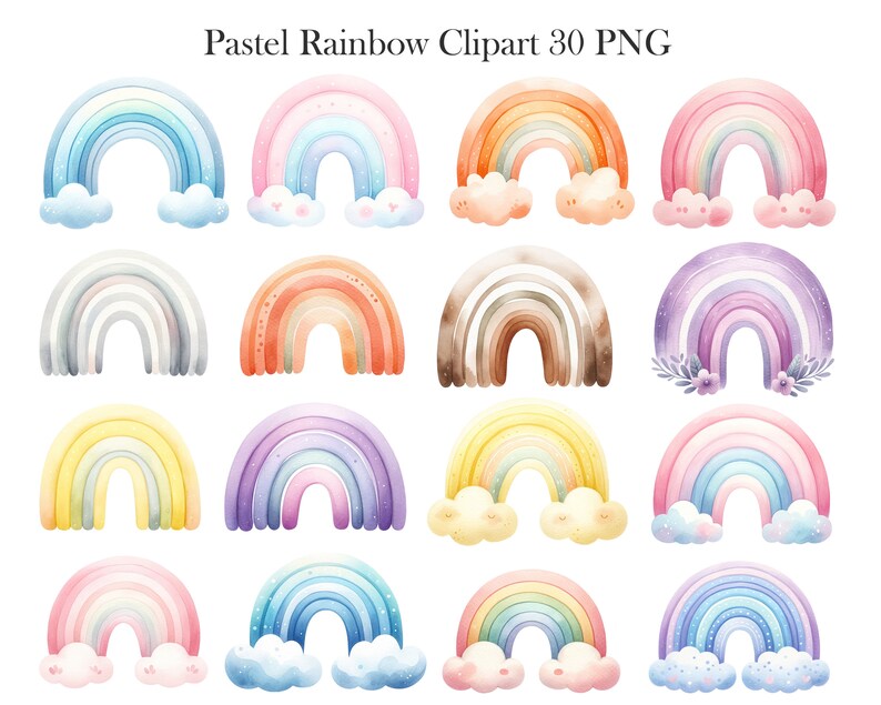 May include: A set of 30 pastel rainbow clipart images in PNG format. The rainbows are in various pastel colors, including pink, blue, yellow, green, and purple. Some rainbows have clouds, flowers, or stars.