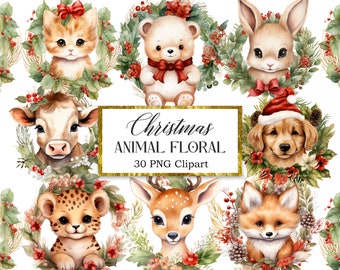 Christmas Animal Floral Watercolor Clipart, Christmas Sublimation, Christmas PNG Bundle, Digital Download